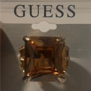 GUESS NWT Gold Ring with large, square, amber-toned gemstone women’s size 7